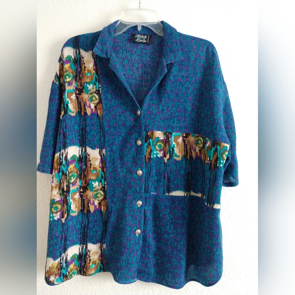 Vintage Michelle Leslie Shirt Blue Abstract Print Short Sleeve Size XL Chest 44"